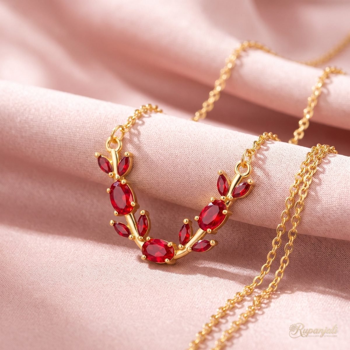 Gold Red Zircon Vine Necklace — Ruby-Red Leaf Garland 4