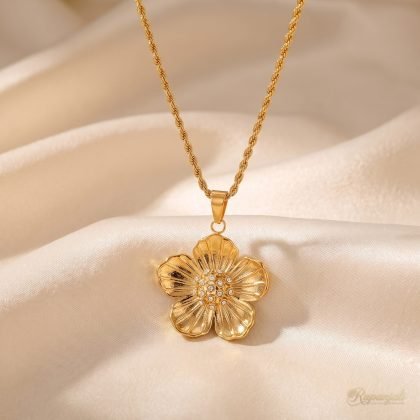 Gold Flower Pendant Necklace with CZ on Rope Chain for Women