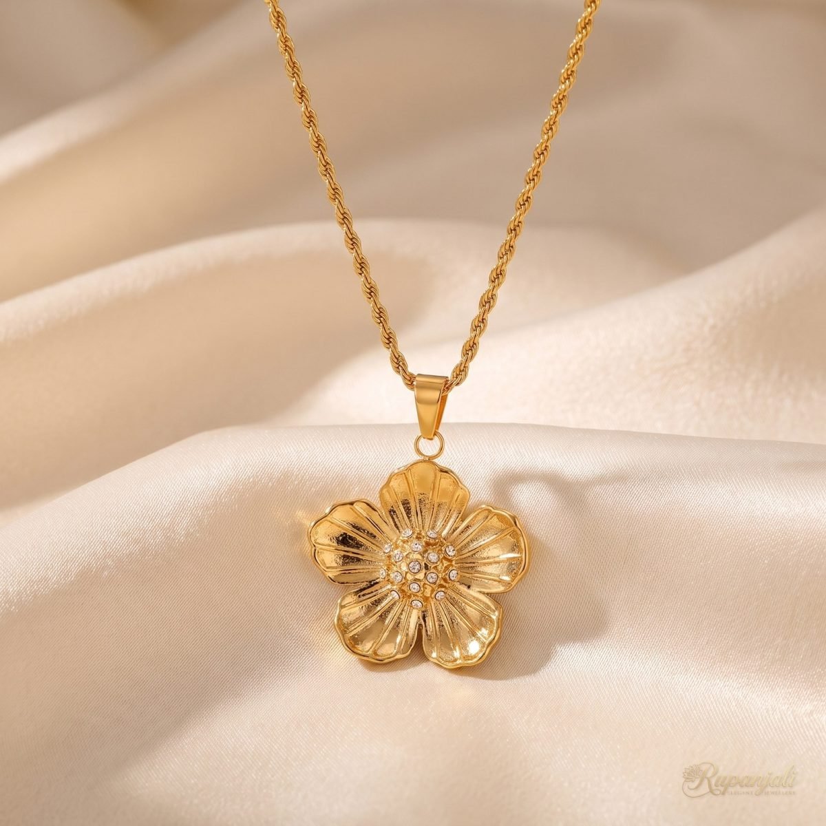 Gold Flower Pendant Necklace with CZ on Rope Chain for Women 1