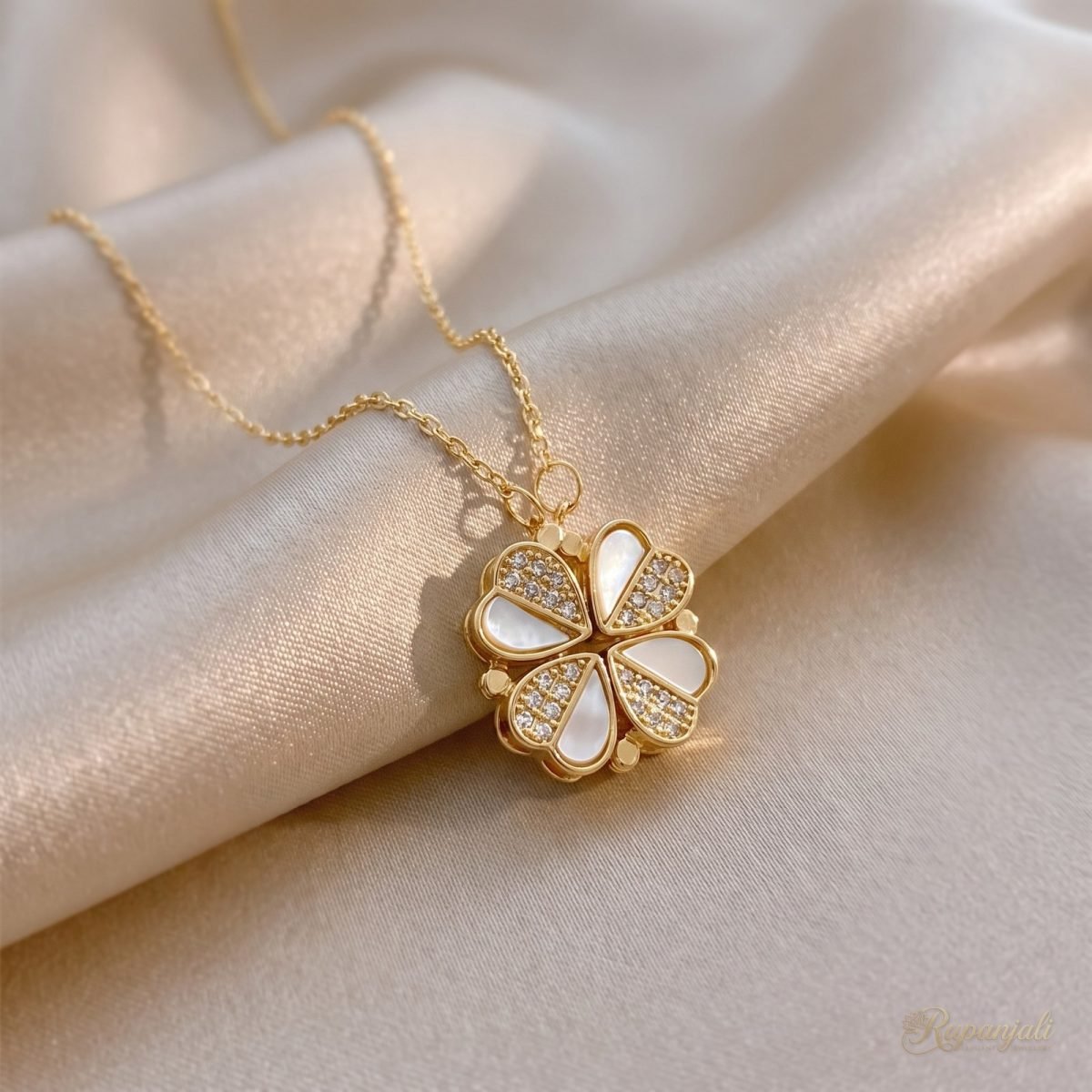 Dual Wear Heart Clover Necklace — Shell & Zircon Hearts 1