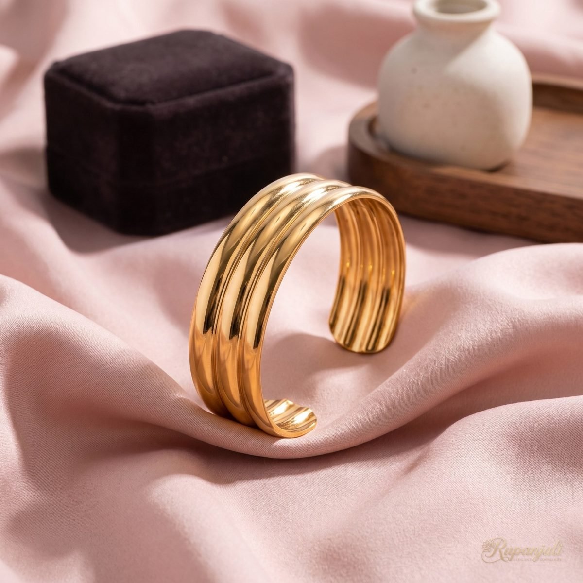 Gold Triple-Rib Cuff Bangle for Women — Sleek Open Cuff 2
