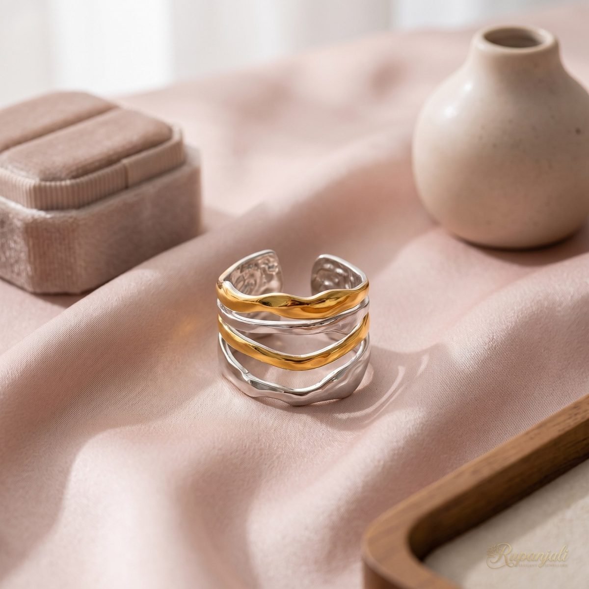 Two-Tone Wavy Open Ring — Gold & Silver Molten Lines 2
