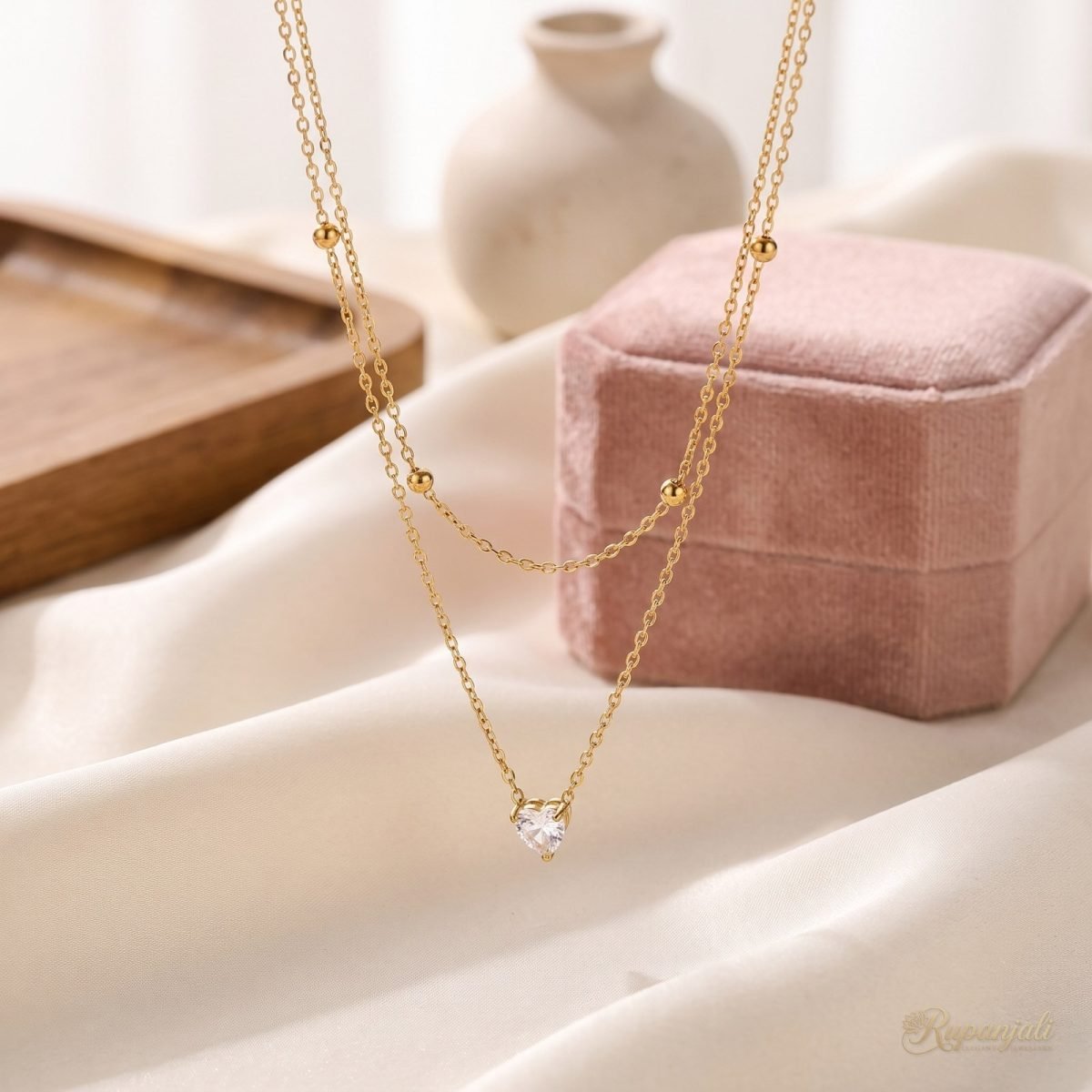 Heart Zircon Double Layer Necklace — Beaded Chain Stack 2