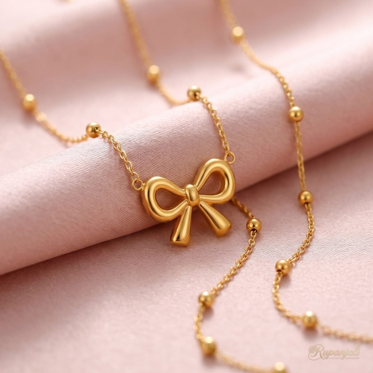 Gold Bow Necklace on Beaded Chain — Minimal Ribbon Charm 4