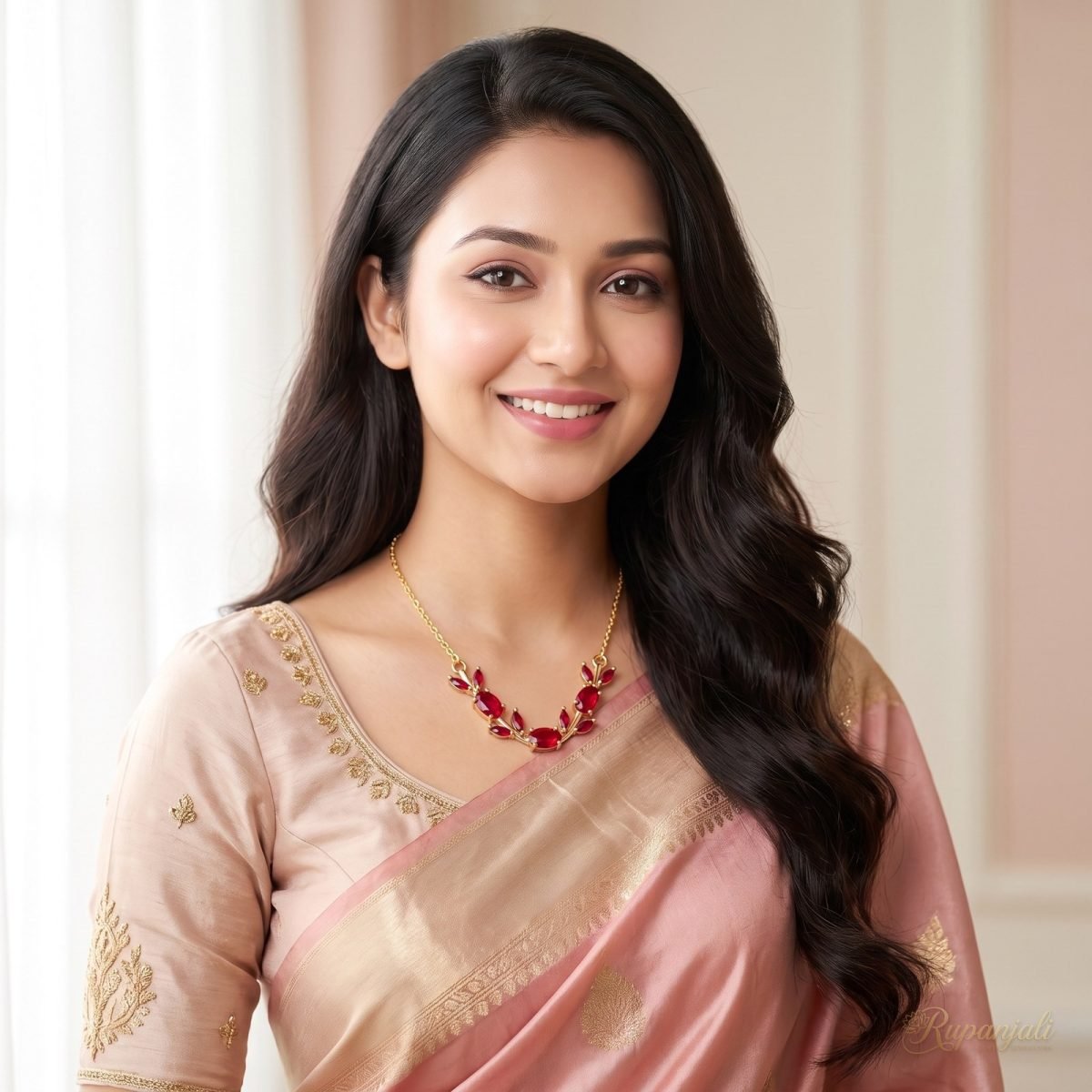Gold Red Zircon Vine Necklace — Ruby-Red Leaf Garland 6