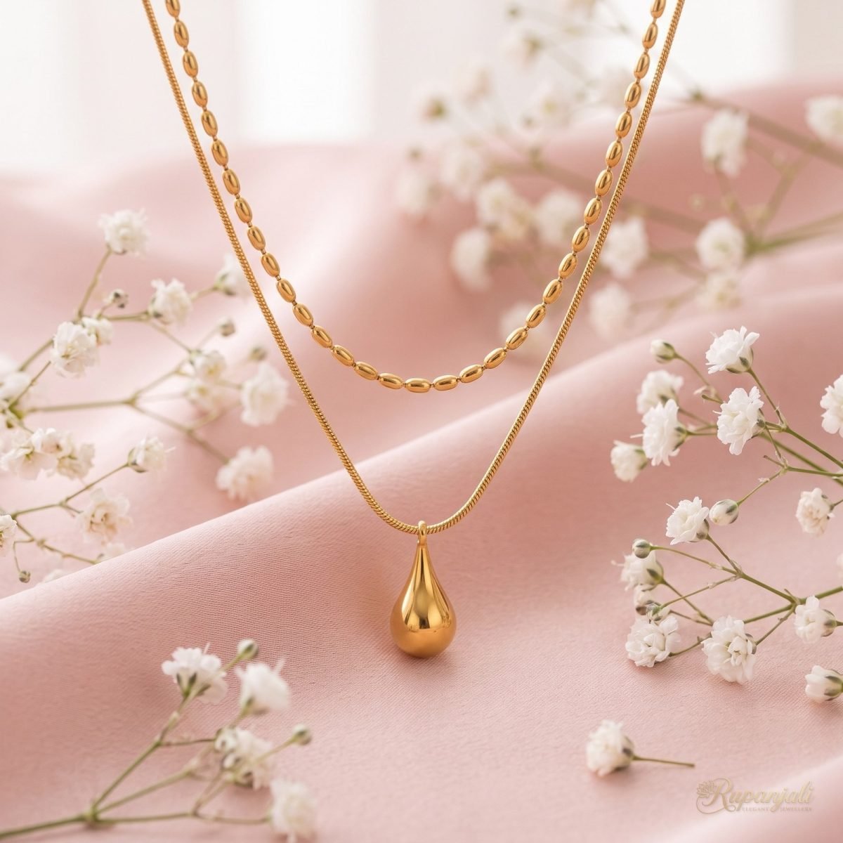 Double Layer Water Drop Necklace — Seed Bead & Snake Chain 3
