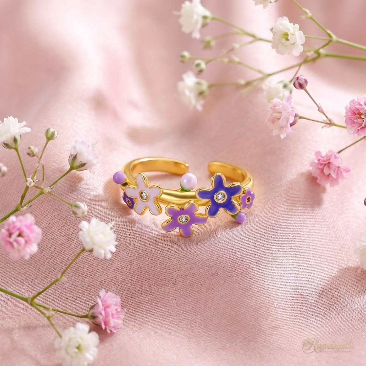 Violet Flower Cluster Ring — Enamel Blooms & Buds 3