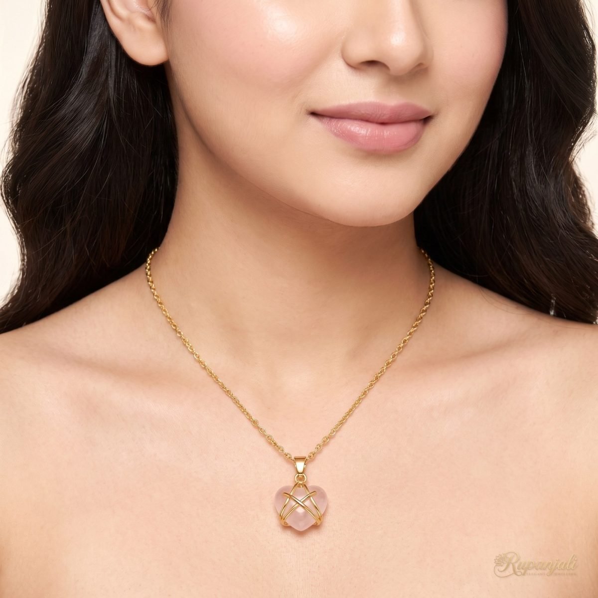 Rose Pink Heart Necklace — Gold Wrapped 5