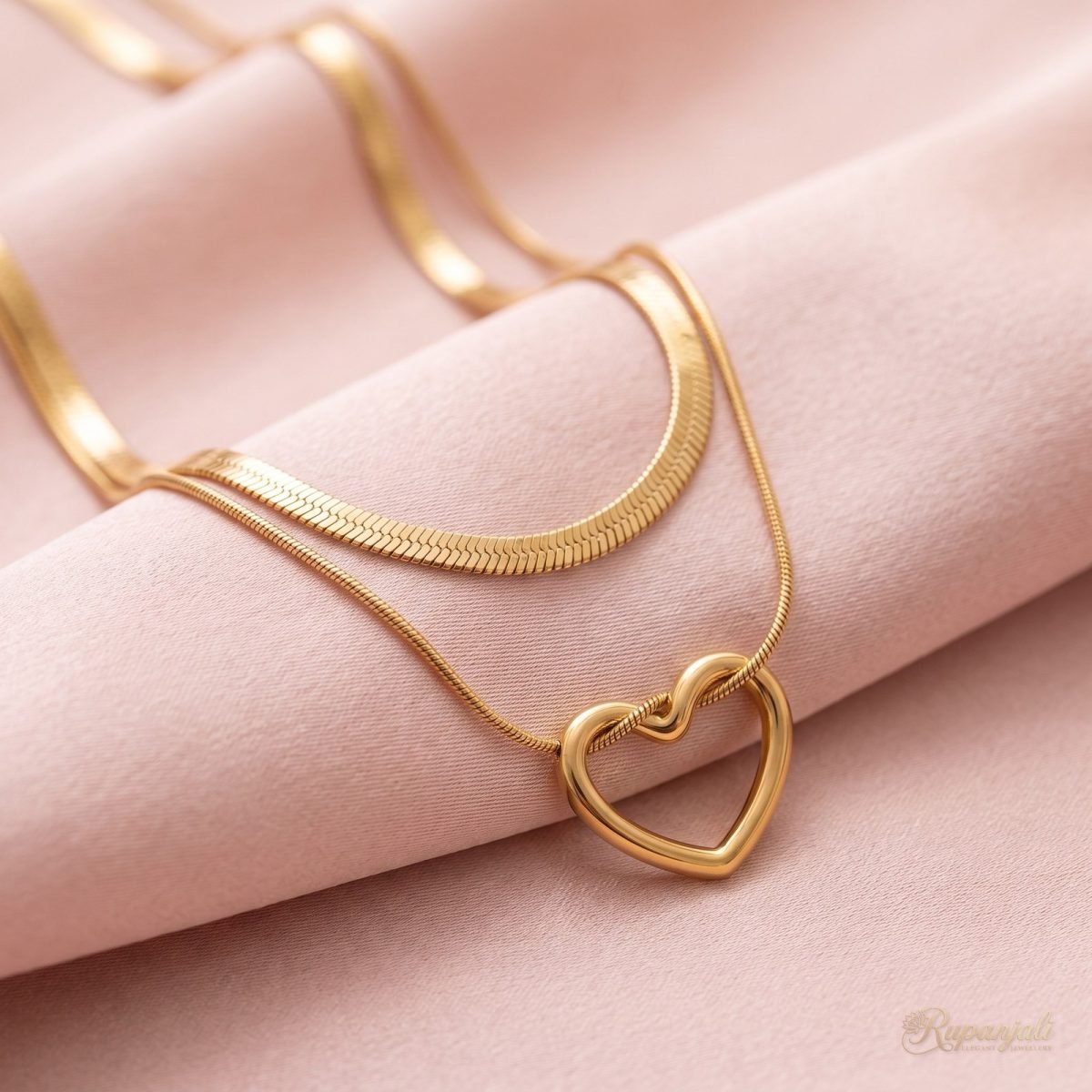 Gold Hollow Heart Layered Necklace — Double Snake Chain 4