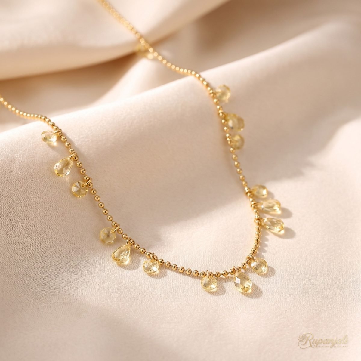 Champagne Crystal Droplet Necklace — Gold Bead Chain Charm 1