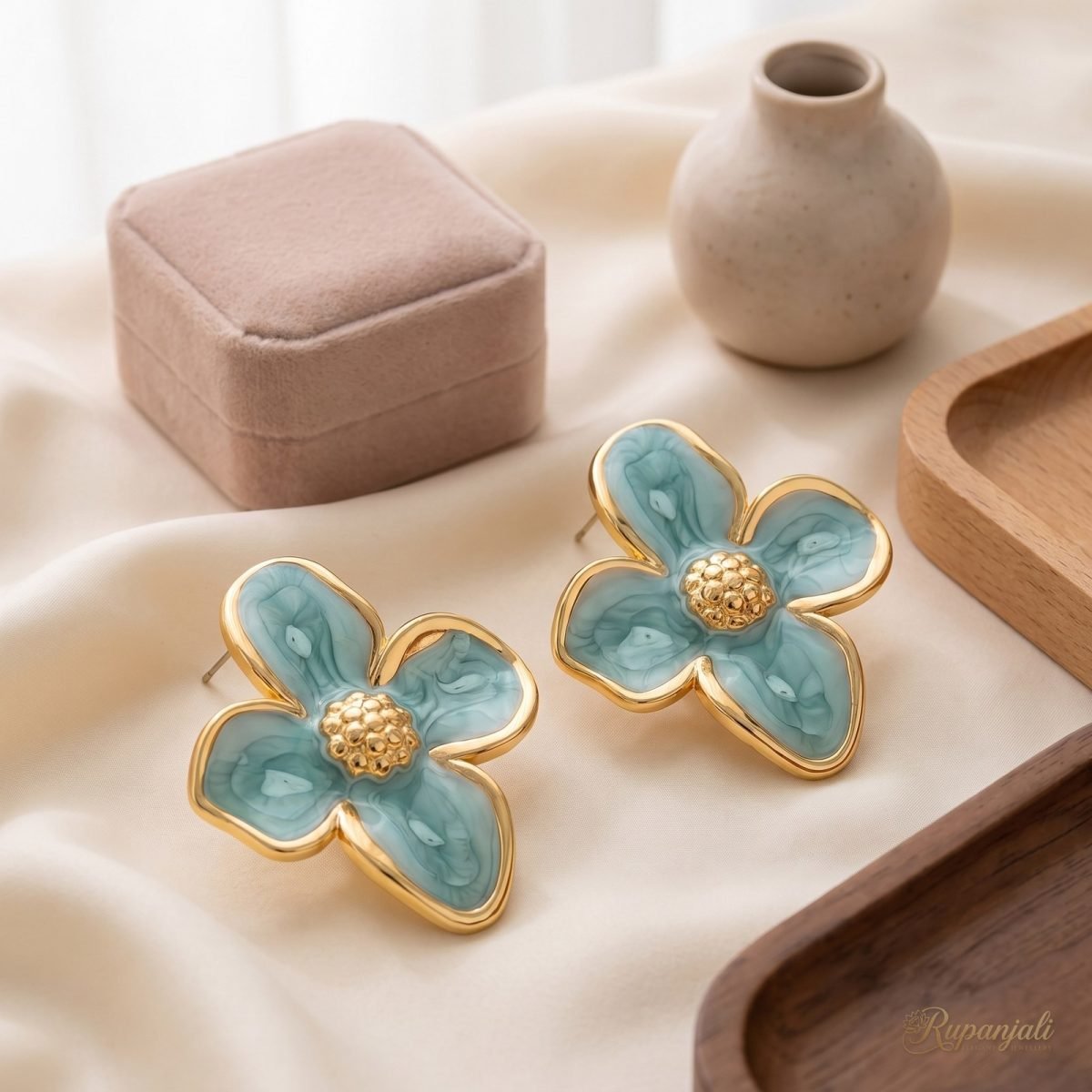 Aqua Enamel Flower Stud Earrings — Marbled Petals in Gold 2