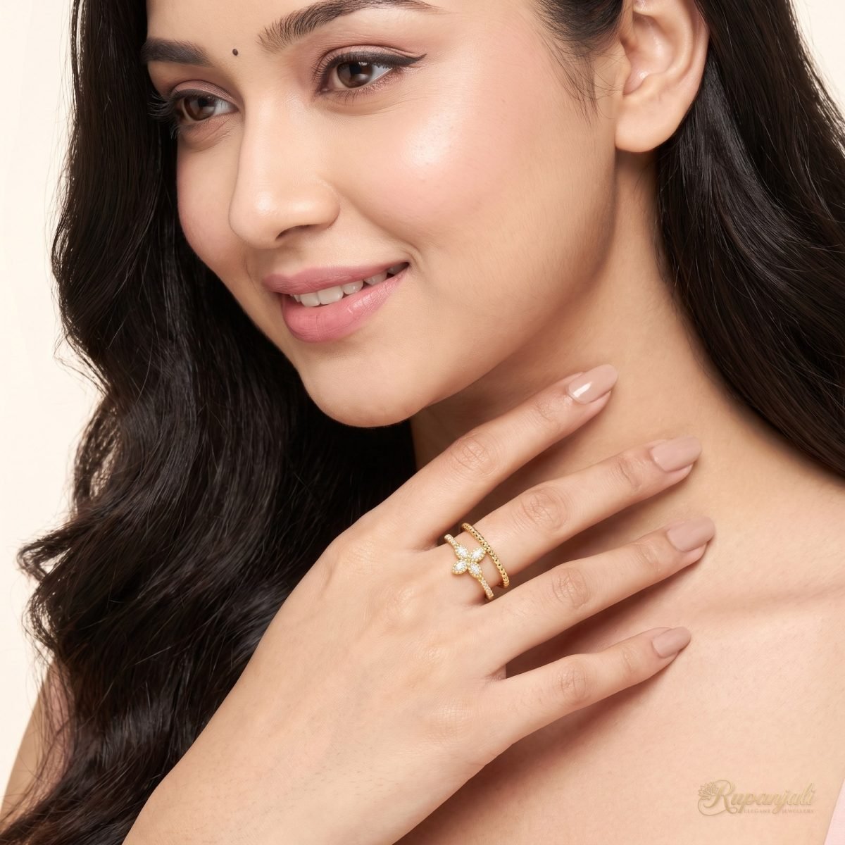 Double Band Marquise Flower Ring — Beaded & Pave Rails 5