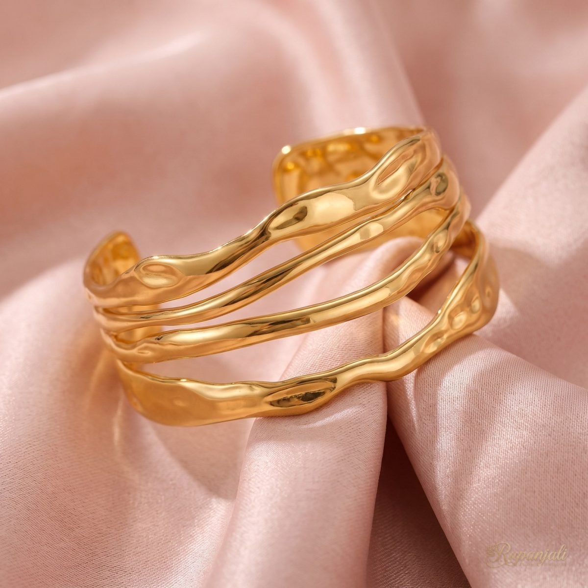 Gold Hammered Wave Cuff Bracelet — Multi-Layer Retro Open Bangle 4