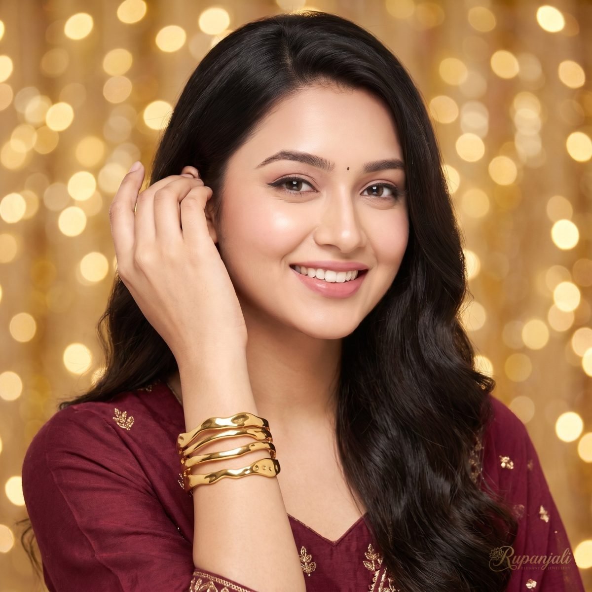 Gold Hammered Wave Cuff Bracelet — Multi-Layer Retro Open Bangle 7
