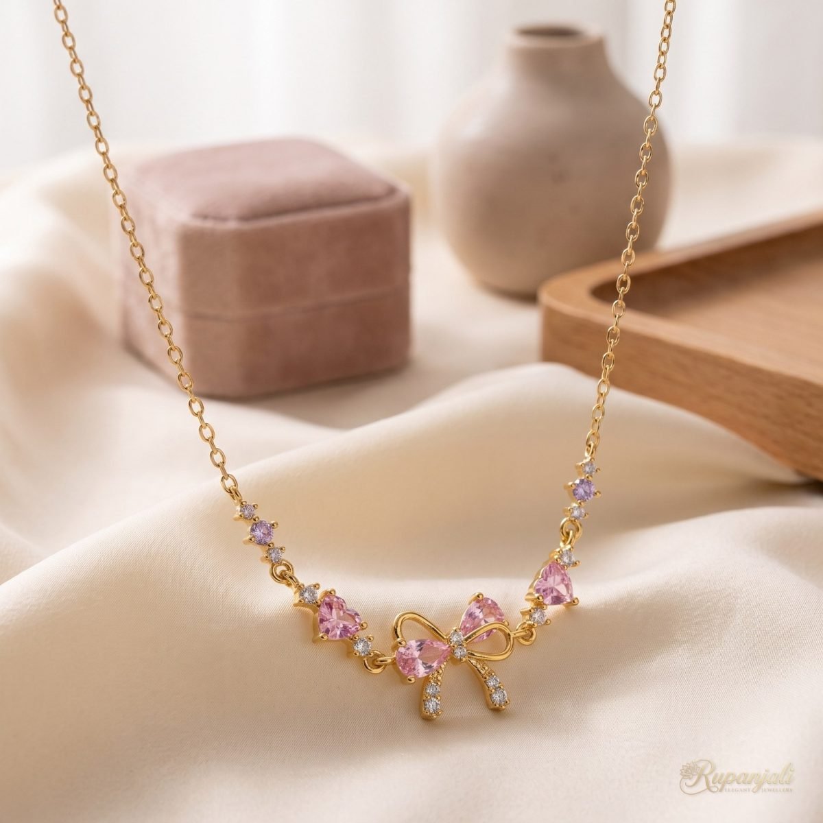 Pink Zircon Bow Necklace — Hearts & Ribbon Chain for Women 2