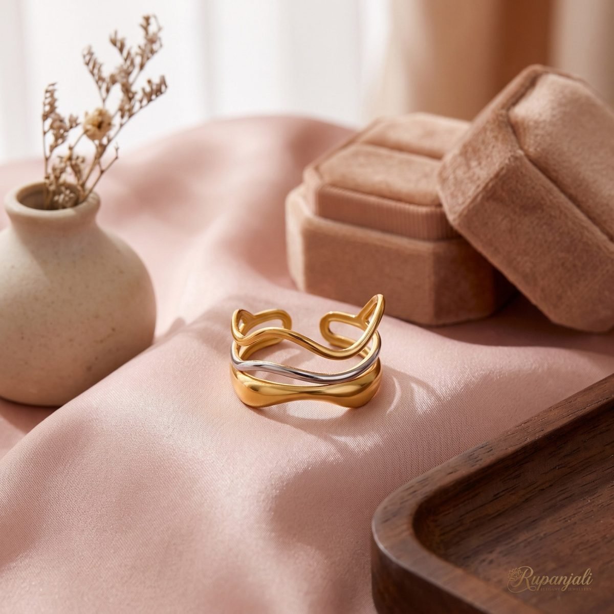 Three-Layer Wavy Ring — French Gold & Silver Colour Block 2