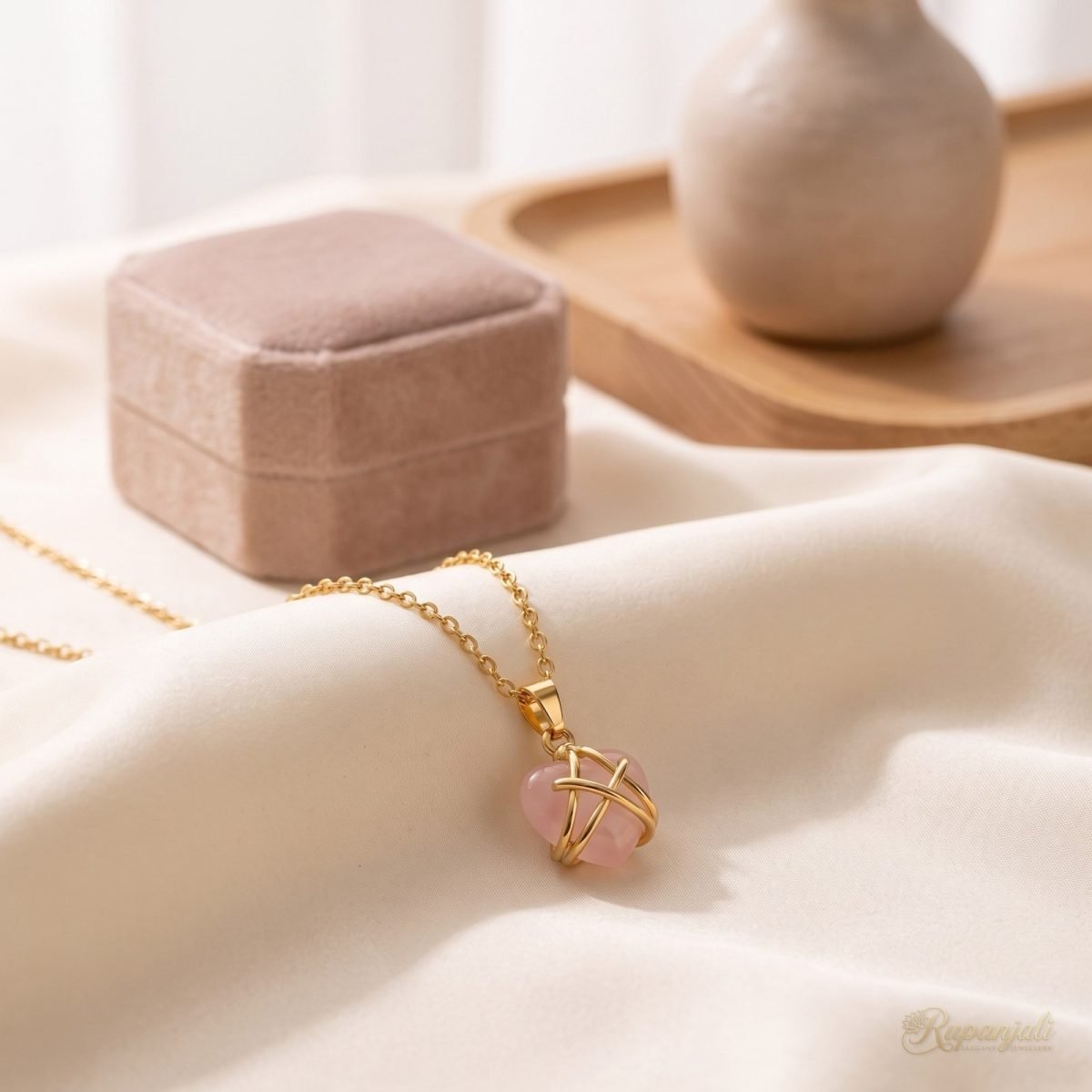 Rose Pink Heart Necklace — Gold Wrapped 2