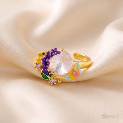 Lavender Sprig Crystal Ring — Enamel Garden & Butterfly
