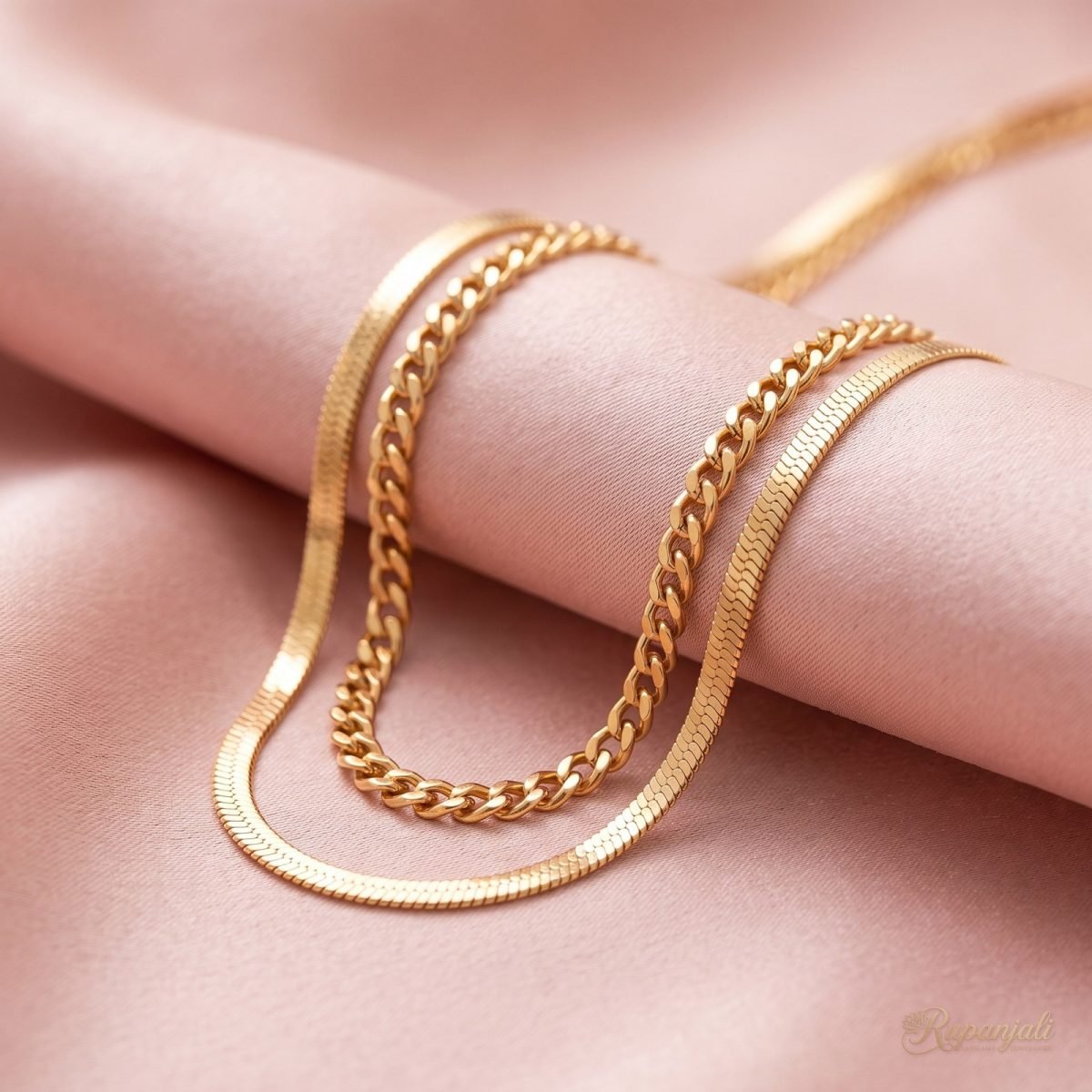 Gold Double Layer Chain Necklace — Snake & Curb Chain Set 4