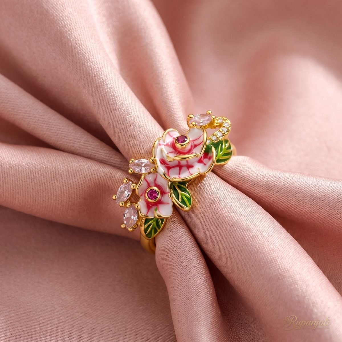 Enamel Rose Garden Ring — Striped Blooms & Pink Buds 4