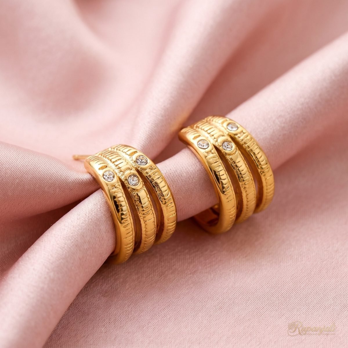 Gold Winding Line Triple Hoop Earrings with CZ for Women 4