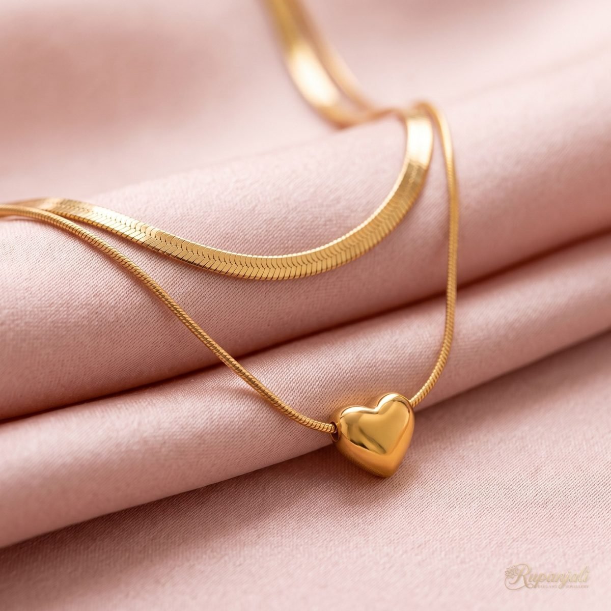 Gold Heart Double Layer Necklace — Snake Chain & Herringbone 4