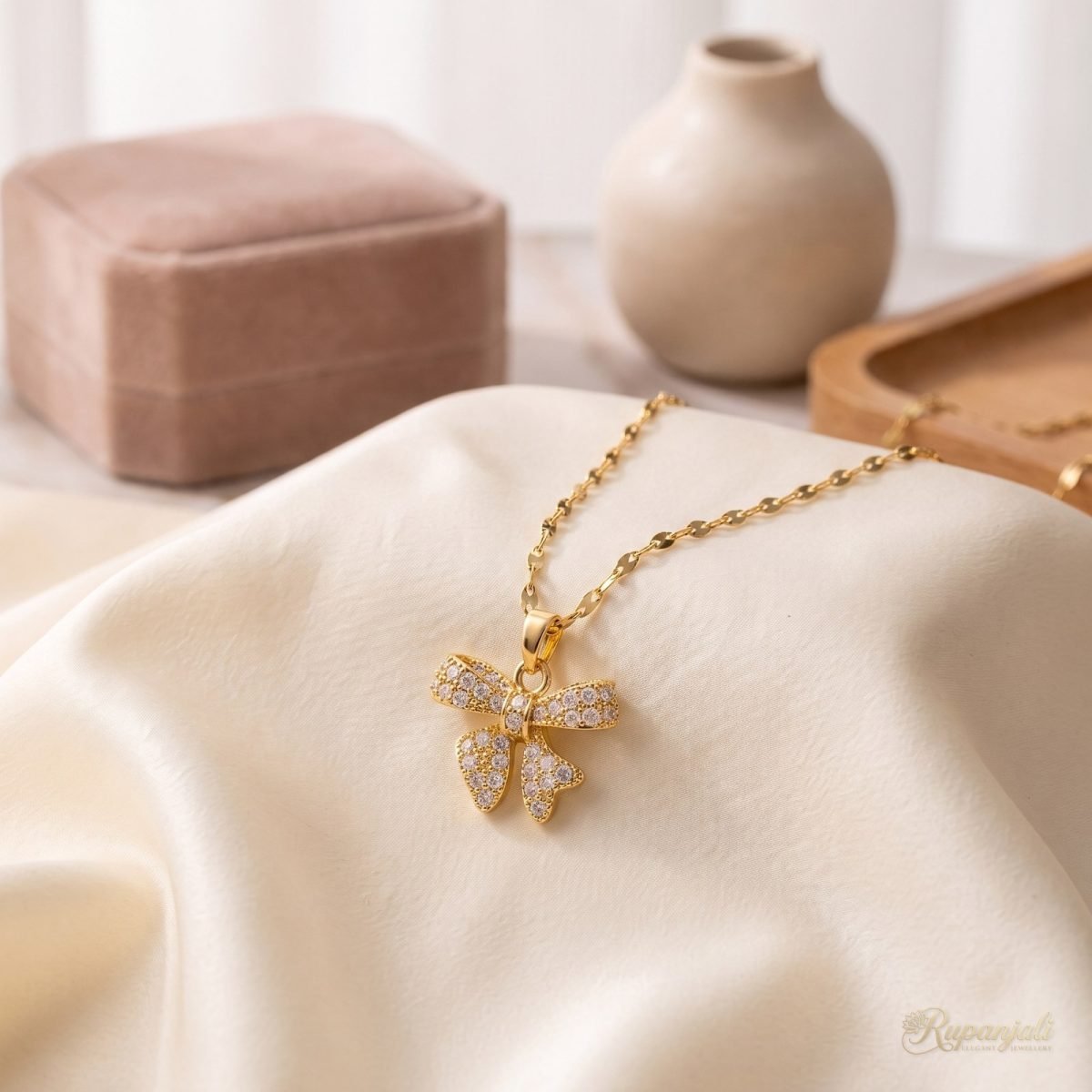 Gold Bow Pendant Necklace with Cubic Zirconia for Women 2