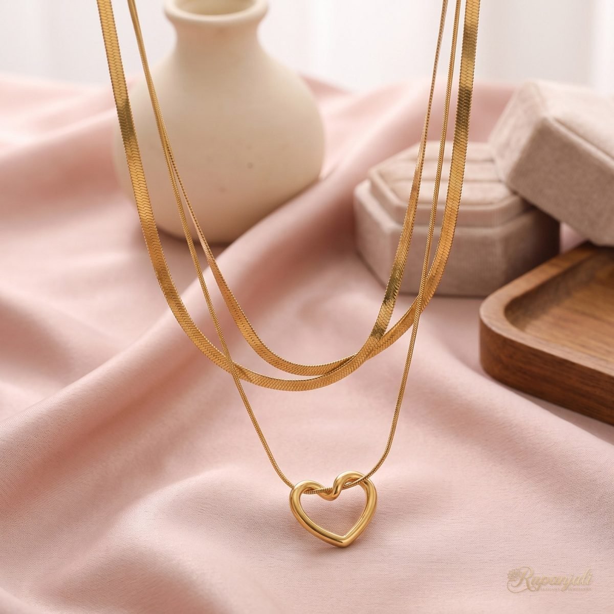 Gold Hollow Heart Layered Necklace — Double Snake Chain 2