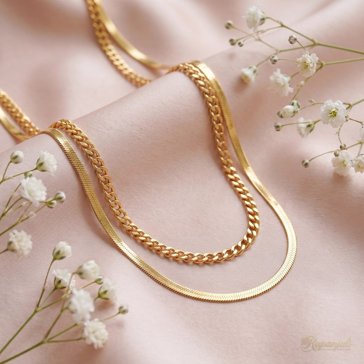 Gold Double Layer Chain Necklace — Snake & Curb Chain Set 3
