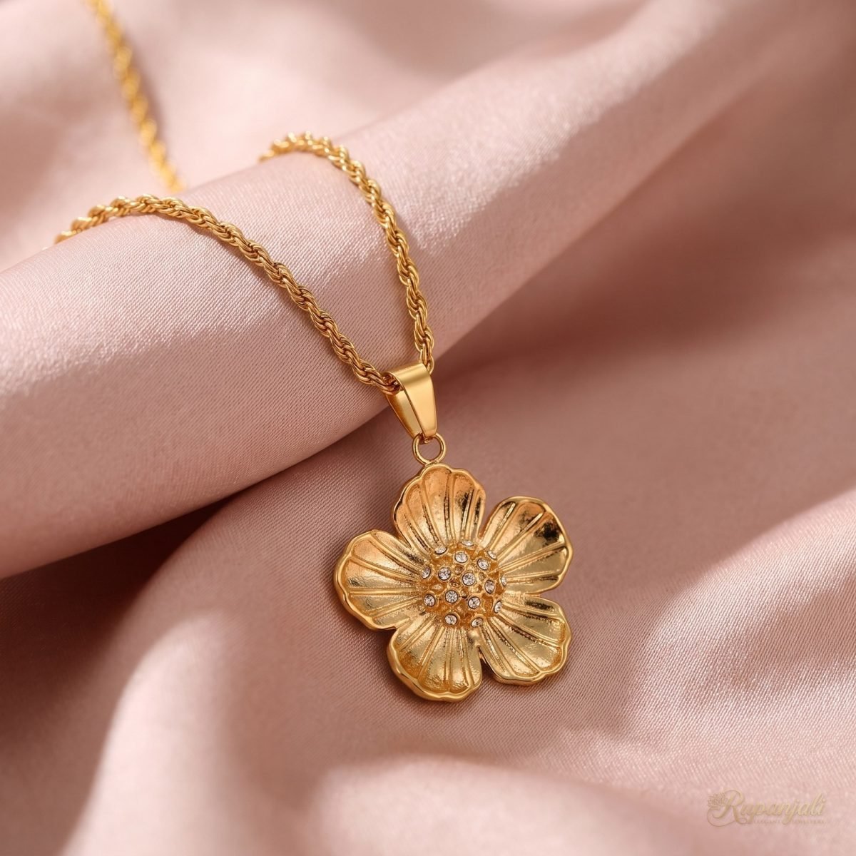 Gold Flower Pendant Necklace with CZ on Rope Chain for Women 4