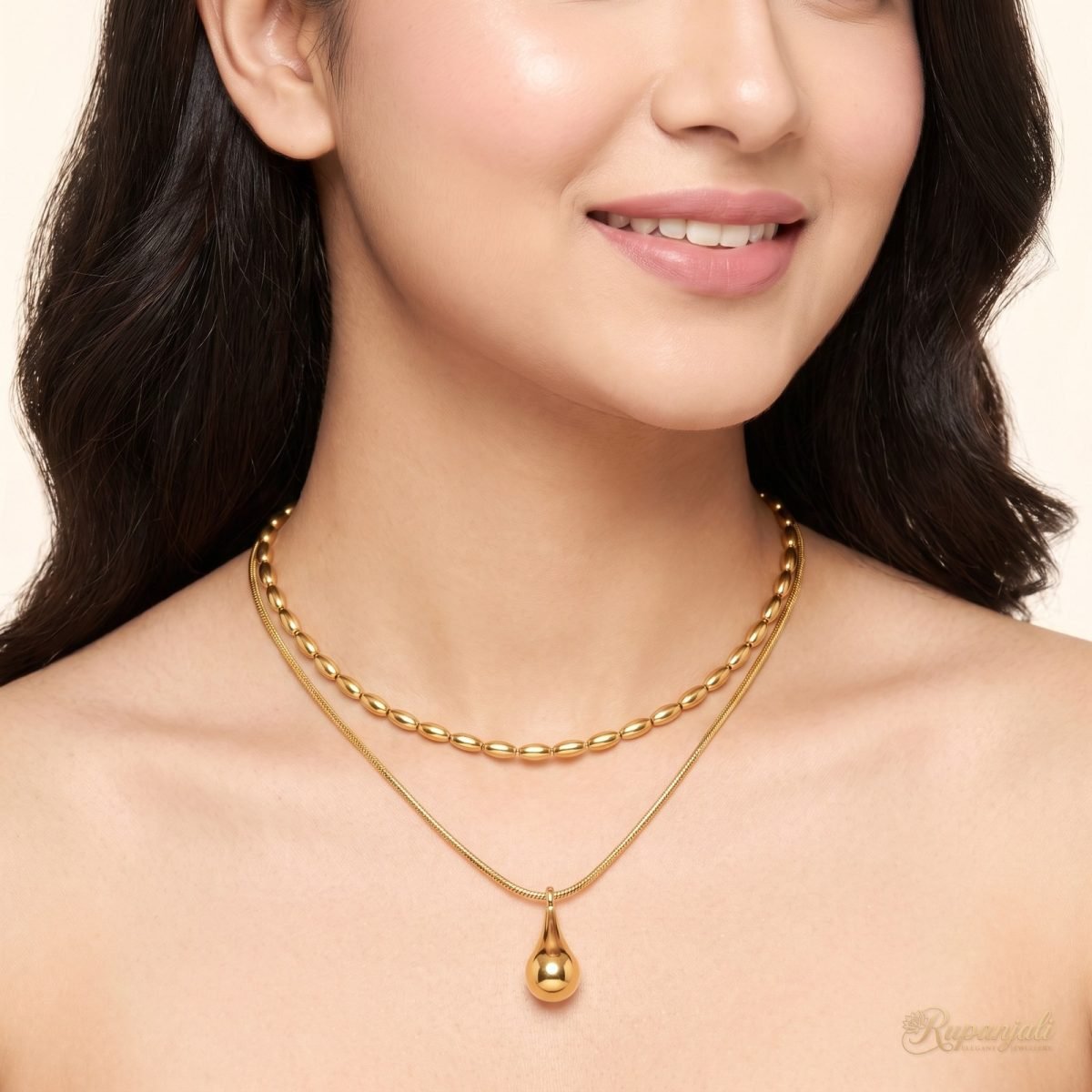 Double Layer Water Drop Necklace — Seed Bead & Snake Chain 5