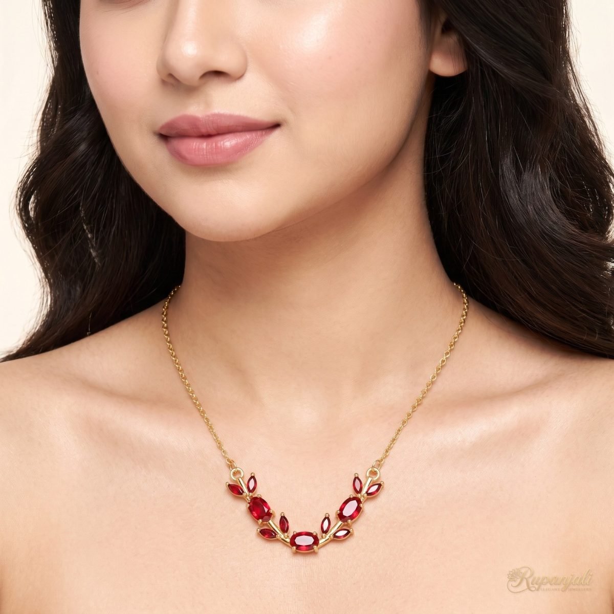 Gold Red Zircon Vine Necklace — Ruby-Red Leaf Garland 5