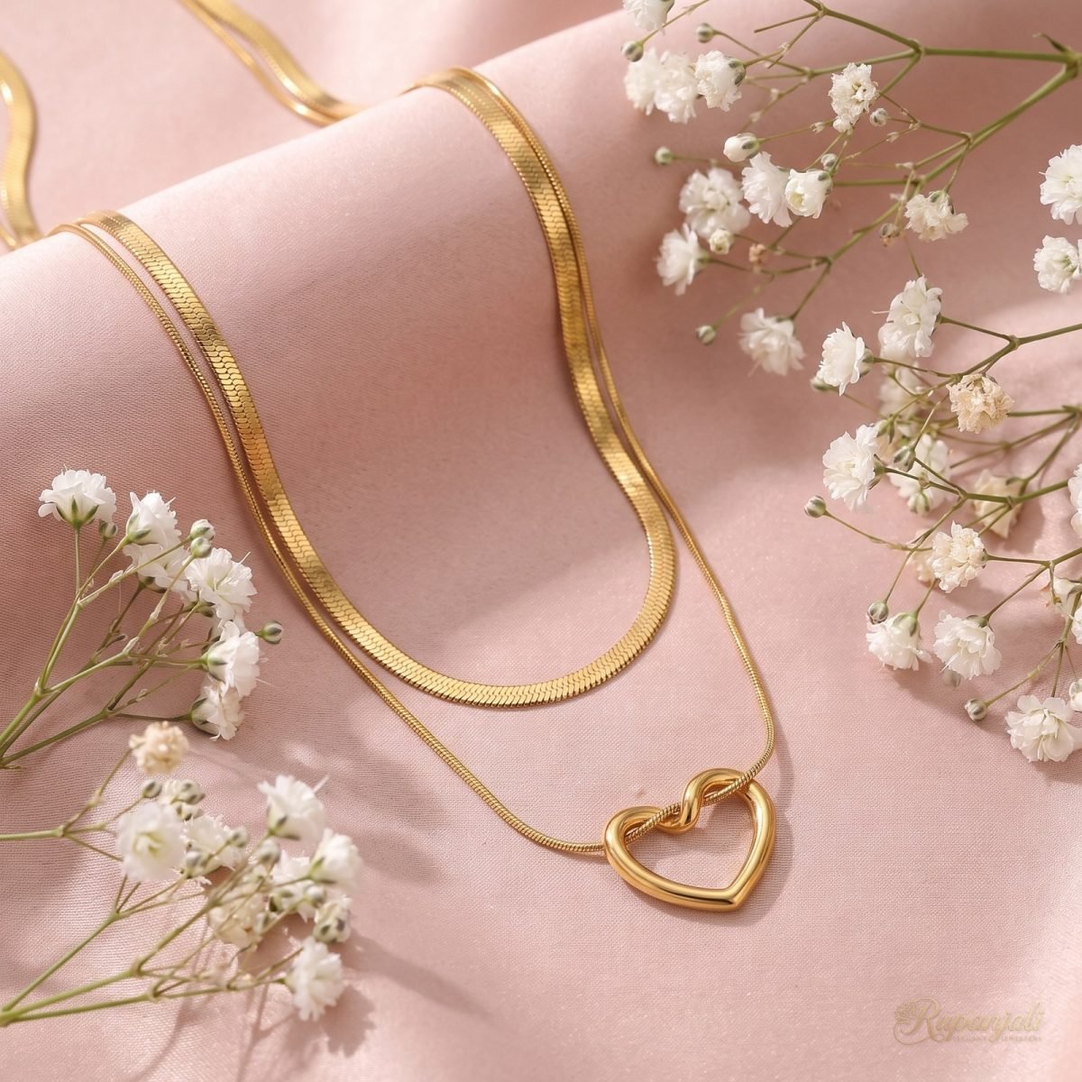 Gold Hollow Heart Layered Necklace — Double Snake Chain 3