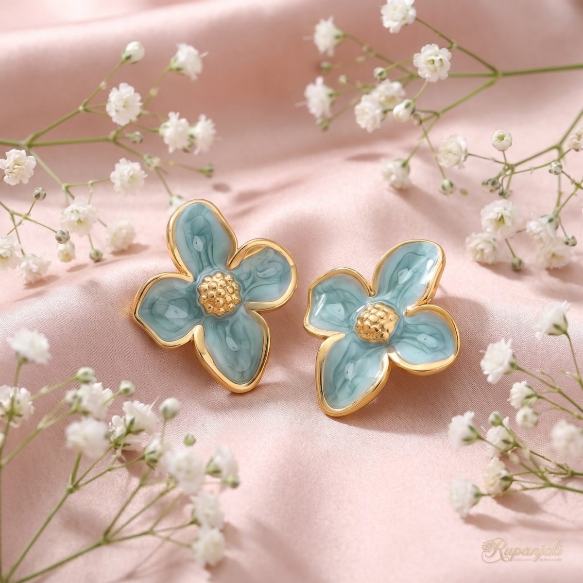 Aqua Enamel Flower Stud Earrings — Marbled Petals in Gold 3