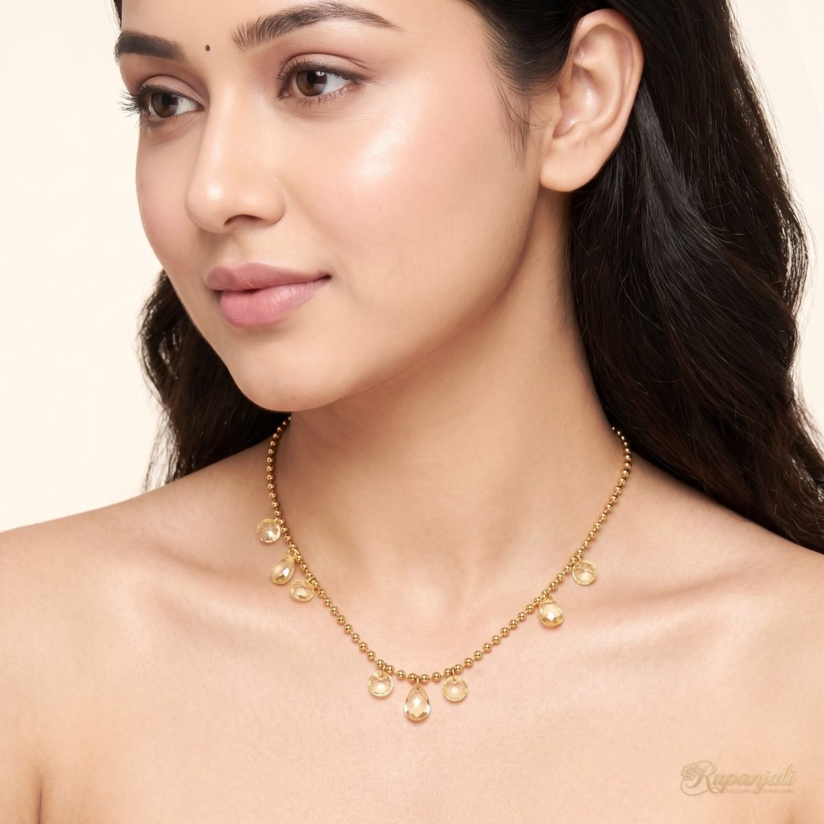 Champagne Crystal Droplet Necklace — Gold Bead Chain Charm 5