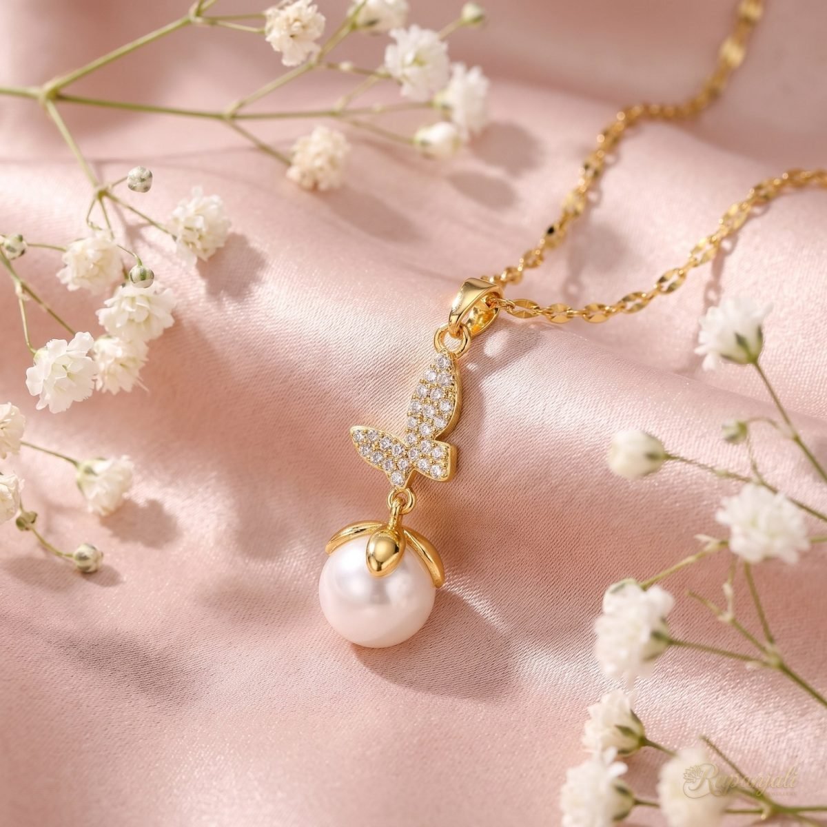 Butterfly Pearl Drop Necklace — Pave Wings on Lip Chain 3