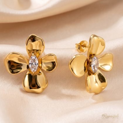 Gold Flower Stud Earrings with Marquise CZ for Women
