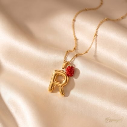 Letter R Strawberry Necklace — Bubble Initial Charm
