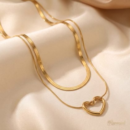 Gold Hollow Heart Layered Necklace — Double Snake Chain