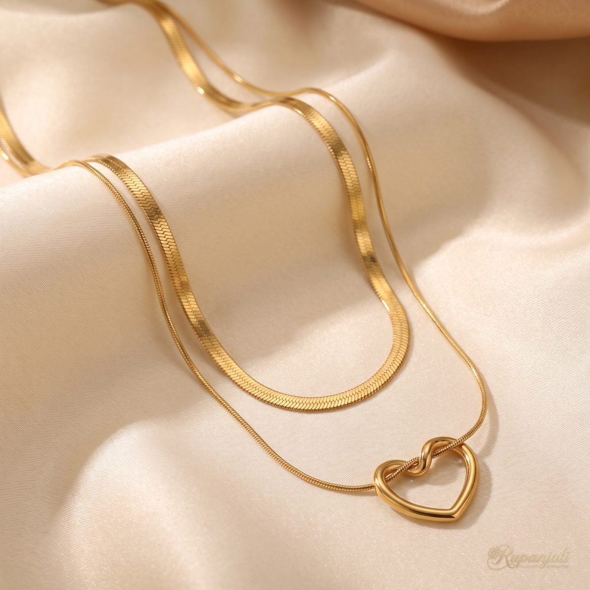 Gold Hollow Heart Layered Necklace — Double Snake Chain 1