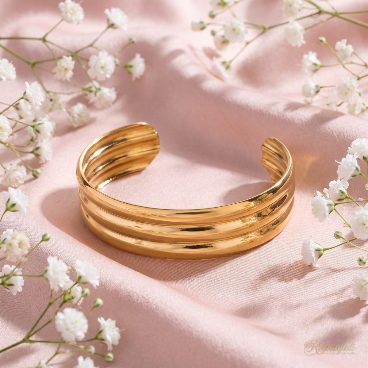 Gold Triple-Rib Cuff Bangle for Women — Sleek Open Cuff 3