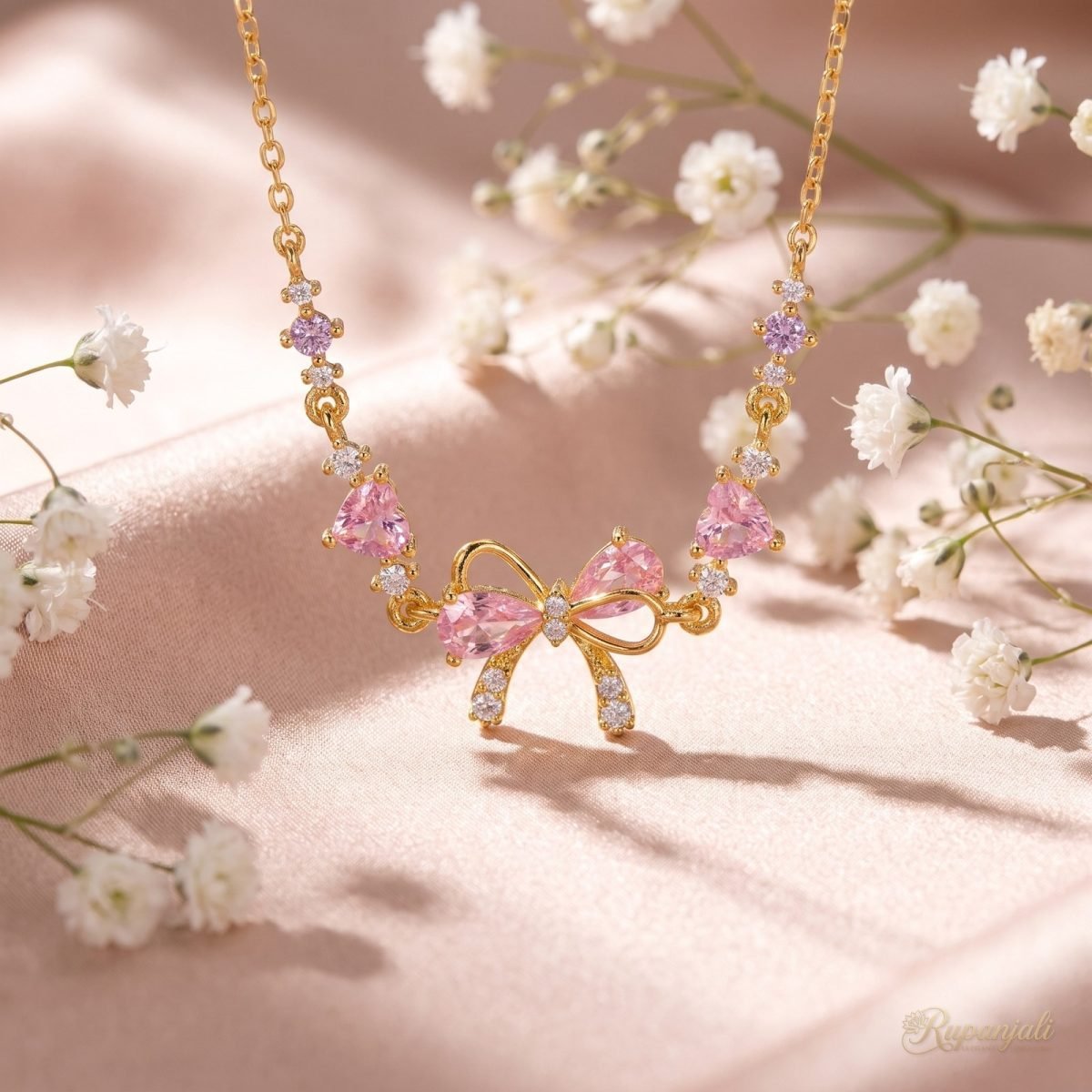 Pink Zircon Bow Necklace — Hearts & Ribbon Chain for Women 3