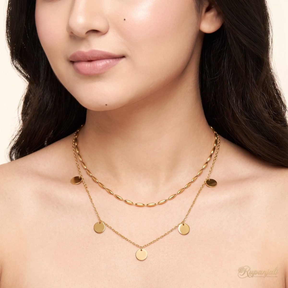 Double Layer Disc Necklace — Golden Dots 5