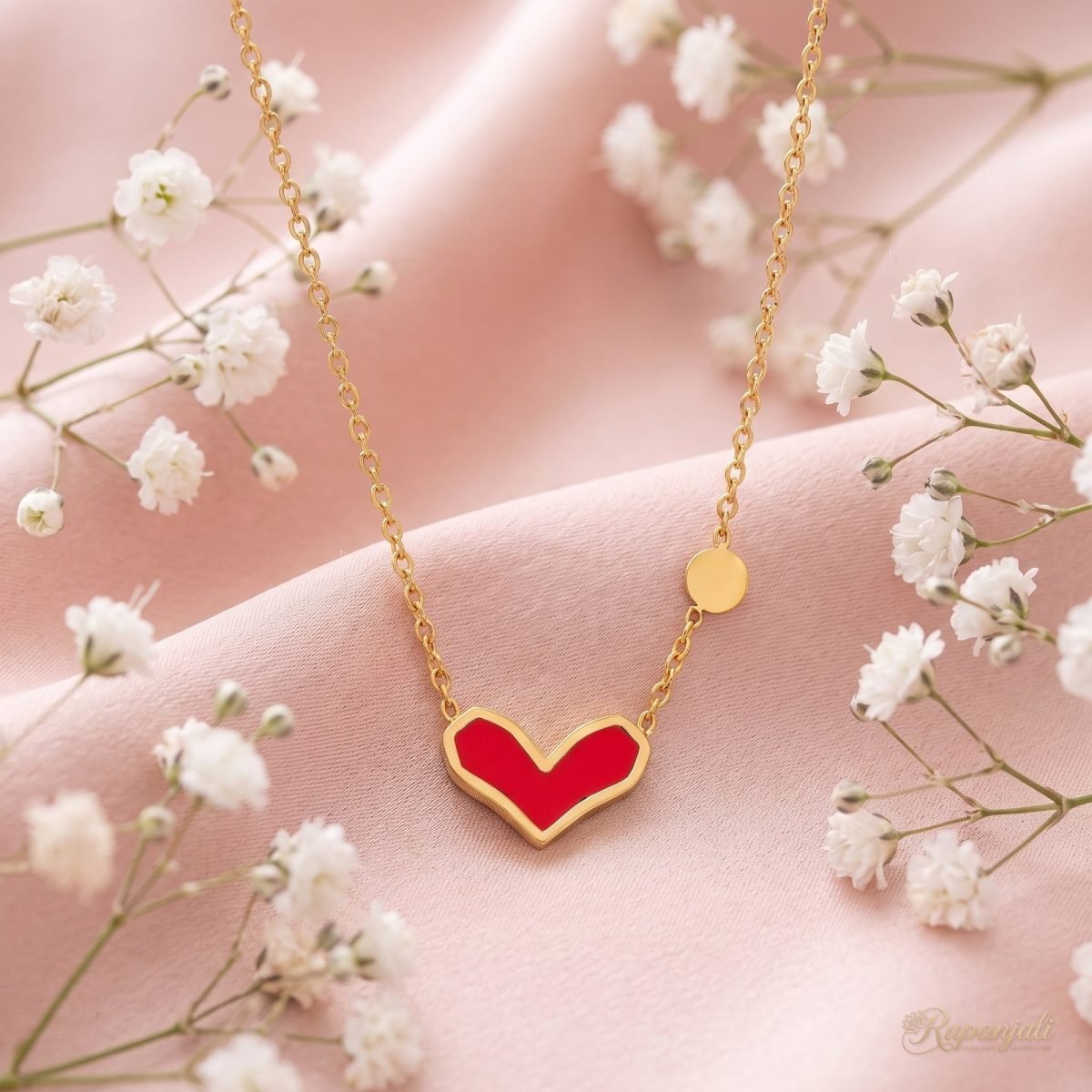 Red Heart Enamel Necklace — Gold Rim with Disc Charm 3