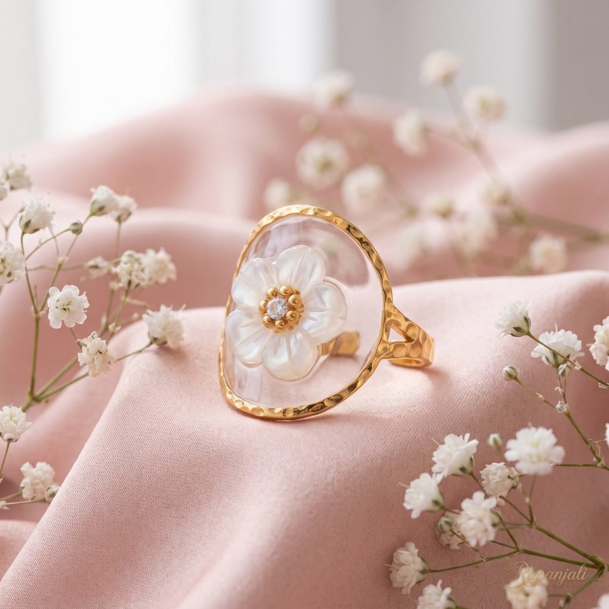 Gold Eternal Flower Ring — White Blossom on Crystal Disc 3