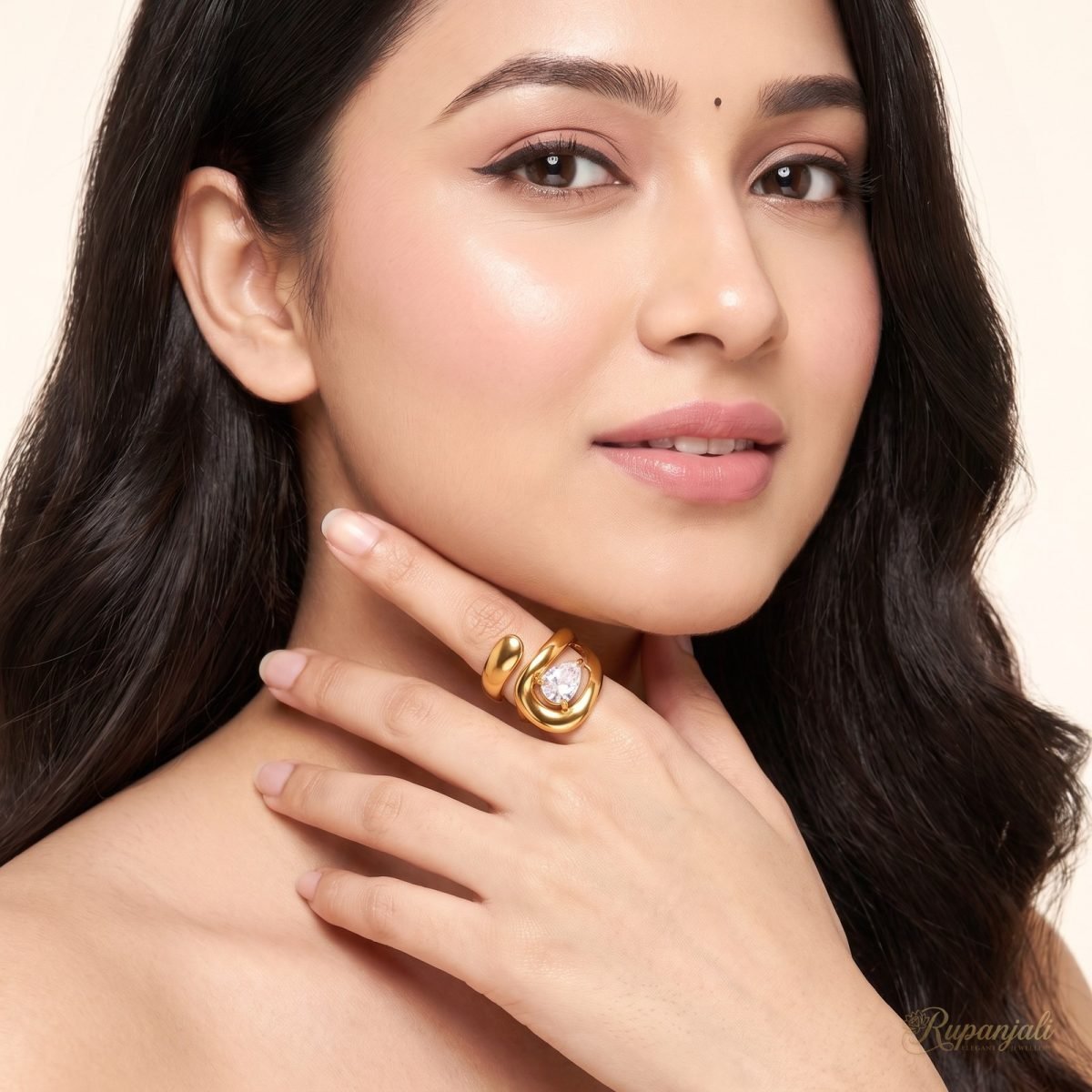 Gold Hollow Zircon Open Ring — Sculpted Pear Drop Statement 5