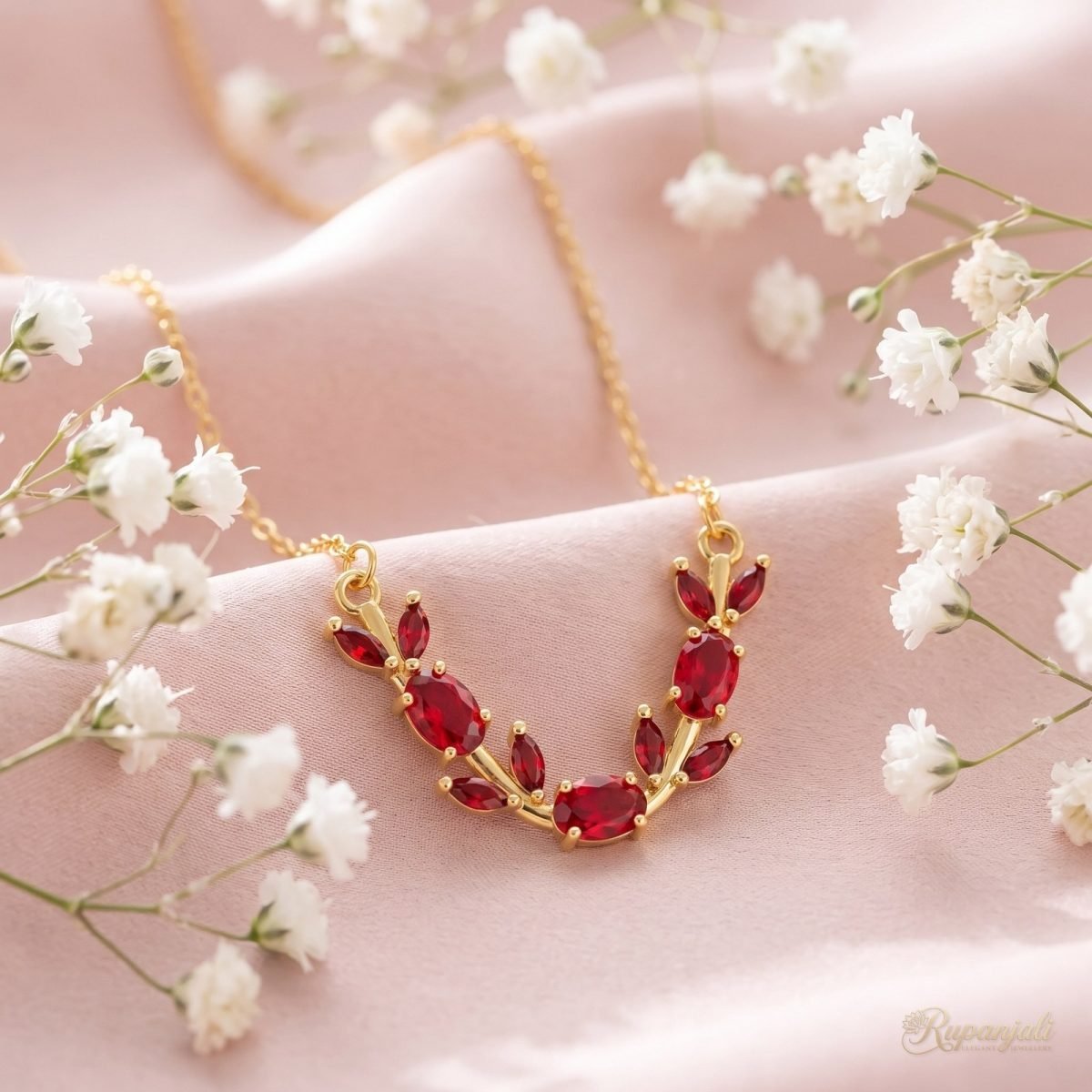 Gold Red Zircon Vine Necklace — Ruby-Red Leaf Garland 3