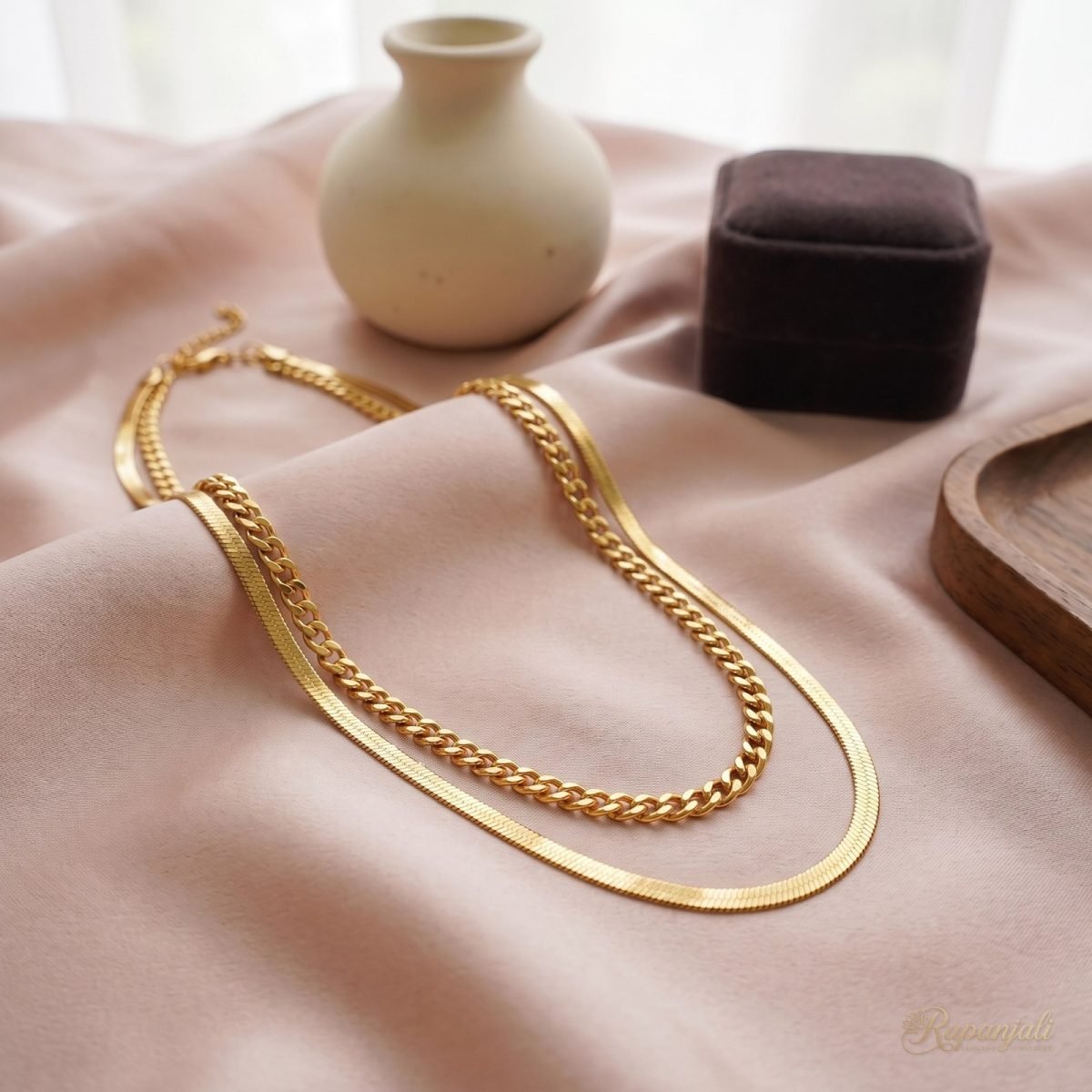 Gold Double Layer Chain Necklace — Snake & Curb Chain Set 2