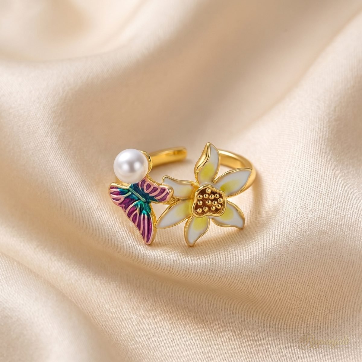 Butterfly Lily Ring — Enamel Bloom & Pearl 1