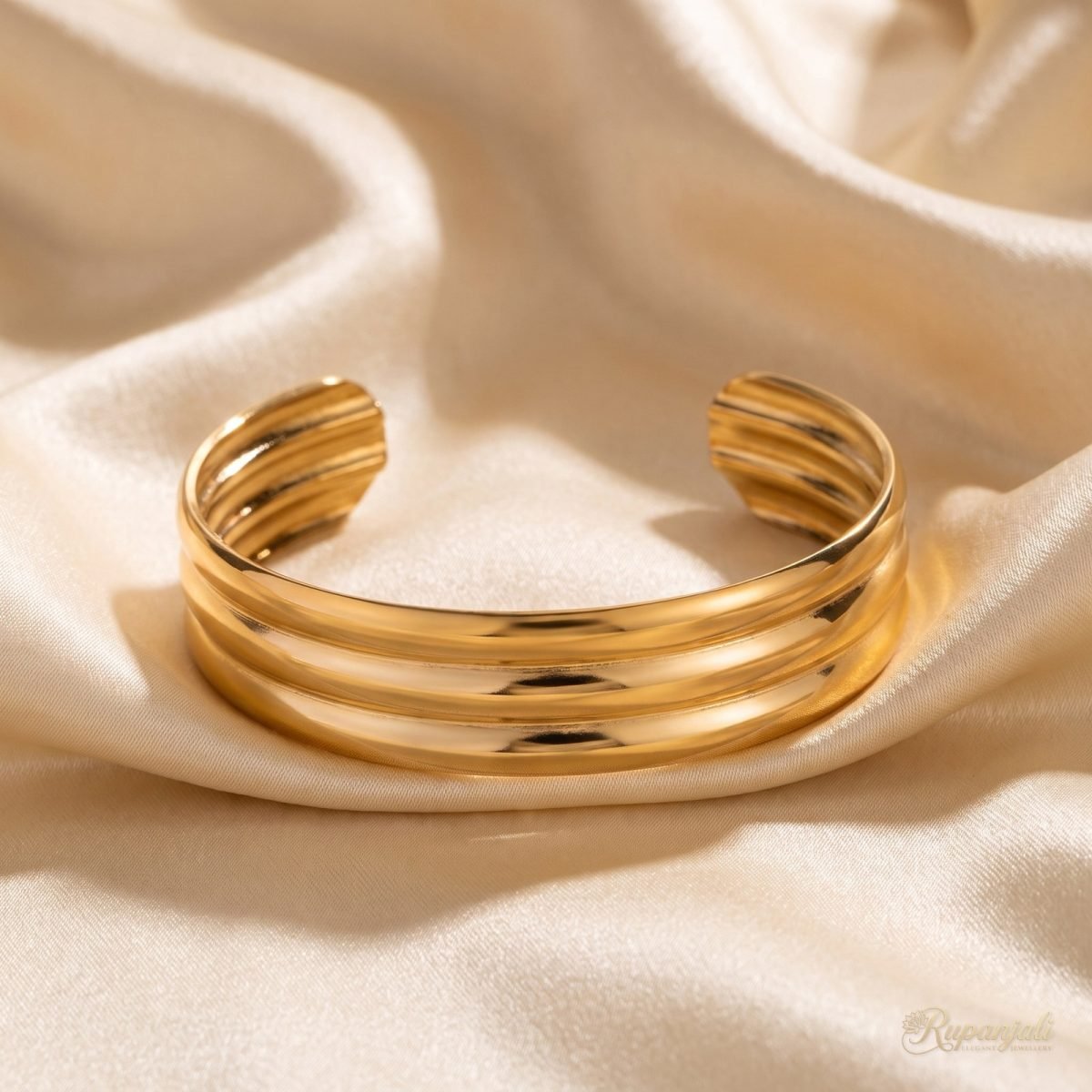 Gold Triple-Rib Cuff Bangle for Women — Sleek Open Cuff 1
